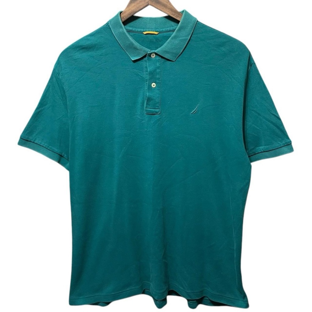 Nautica Blue Green basic blank small logo short sleeve collared work polo shirt